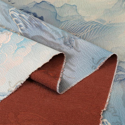 Ancient Mountain Tea Silk Satin Fabric: Digital Print Drapery, 59"W