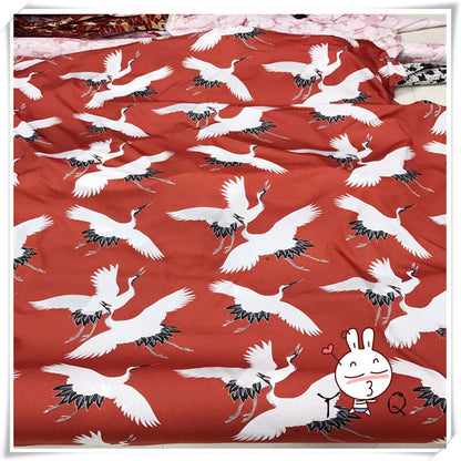 Japanese Crane Print Fabric: Polyester Kimono Dress Fabric - 1 Meter