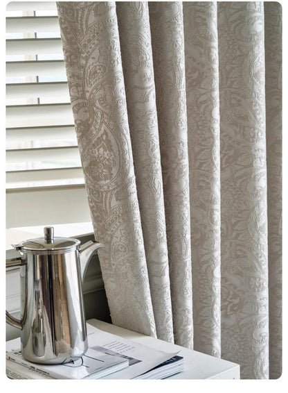 French Vintage Paisley Jacquard Curtain Fabric ��� Luxury Embossed Cream Drapery, 114��� Extra-Tall Height, Sold by the Meter, Co