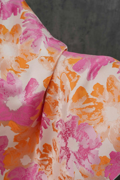 Floral Jacquard Brocade Fabric: Orange Pink Flower Pattern, 65" Wide