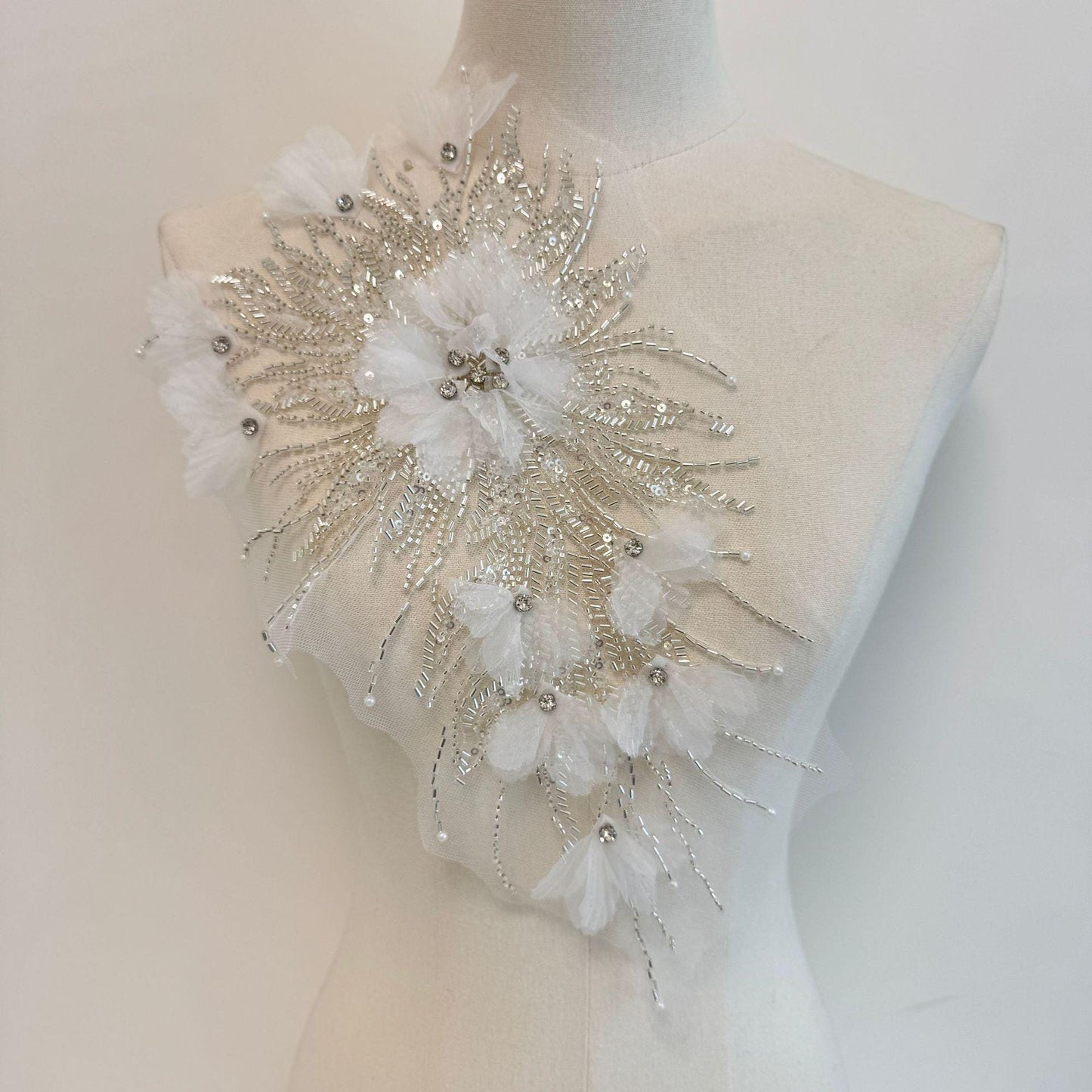 Beaded Sequin Lace Applique Pair: Chiffon Floral Embroidery Trim