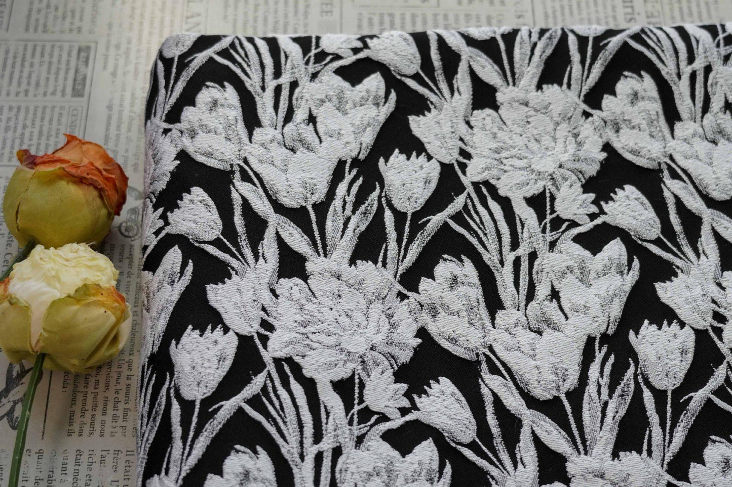 Elegant Black & White Floral Jacquard Quilting Fabric ��� Upholstery, Furniture, Bags, Sofa, DIY Sewing, Home Dec"Wide