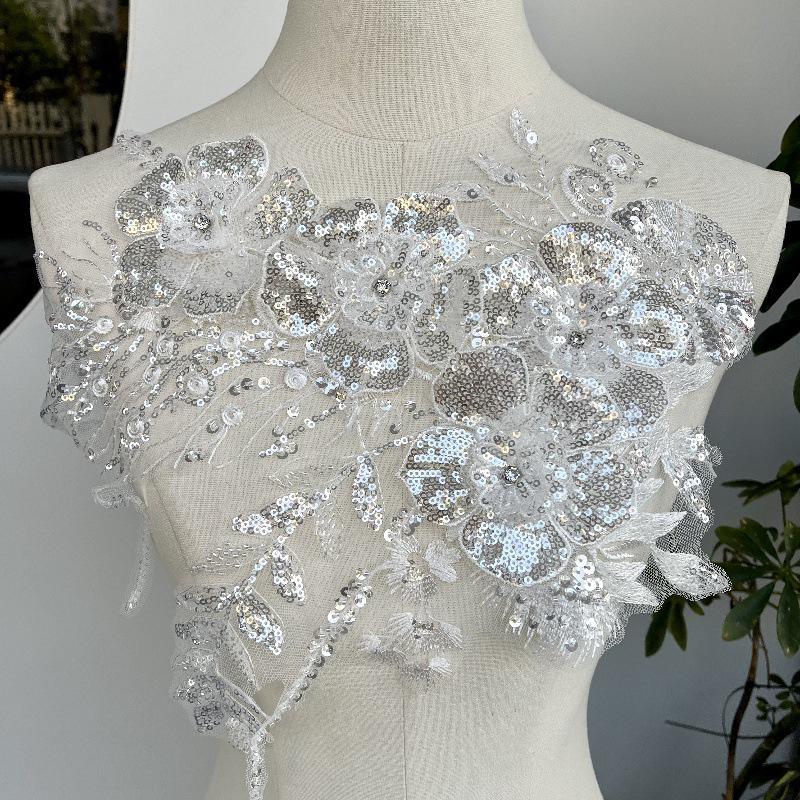Embroidered Lace Trim: Sequined Floral Applique, Bridal Wedding Dress Fabric - By The Yard