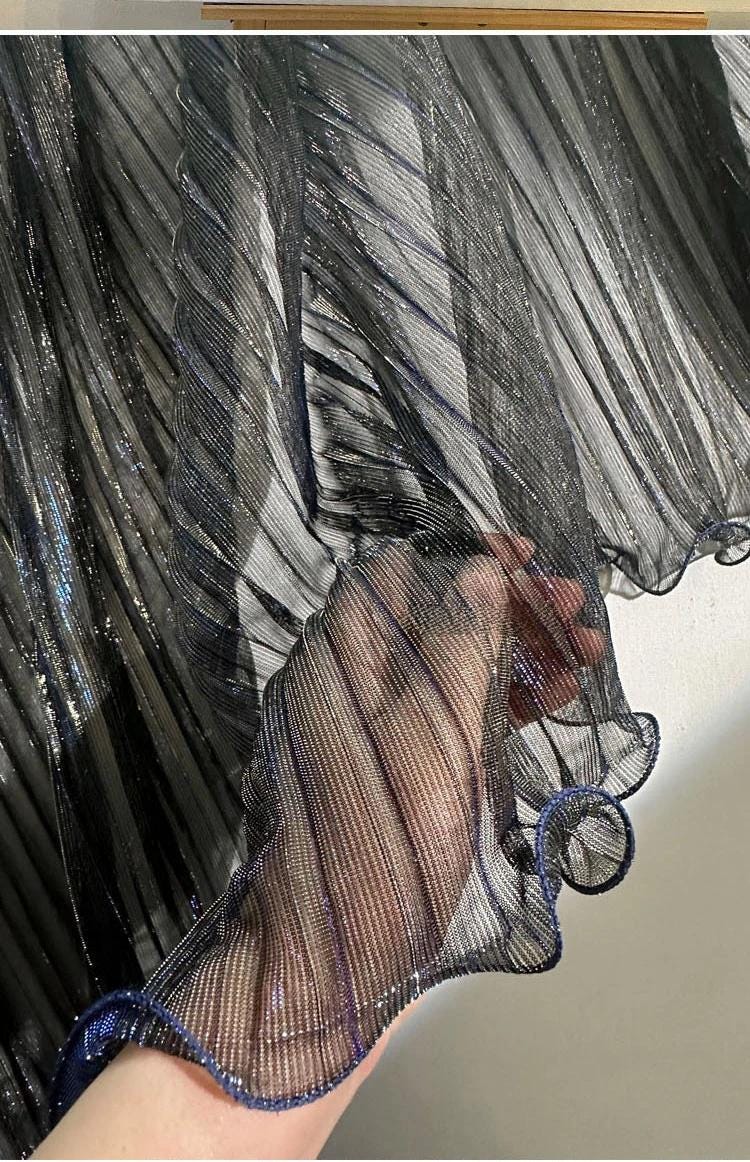 Blue Gold Glitter Pleated Organza Mesh Fabric, 59"W, Shiny Sheer
