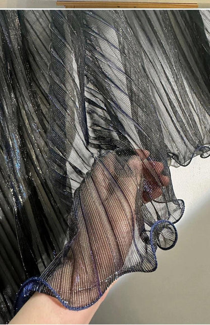 Blue Gold Glitter Pleated Organza Mesh Fabric, 59"W, Shiny Sheer