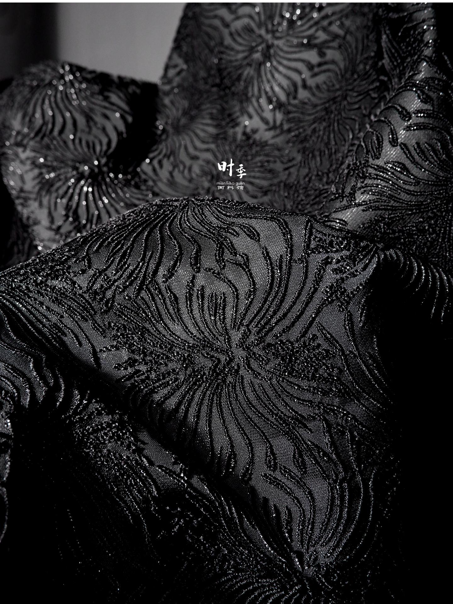 Black Spider Lily Jacquard Fabric | Embossed 3D Floral Brocade, 52" Wide