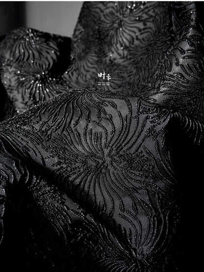 Black Spider Lily Jacquard Fabric | Embossed 3D Floral Brocade, 52" Wide