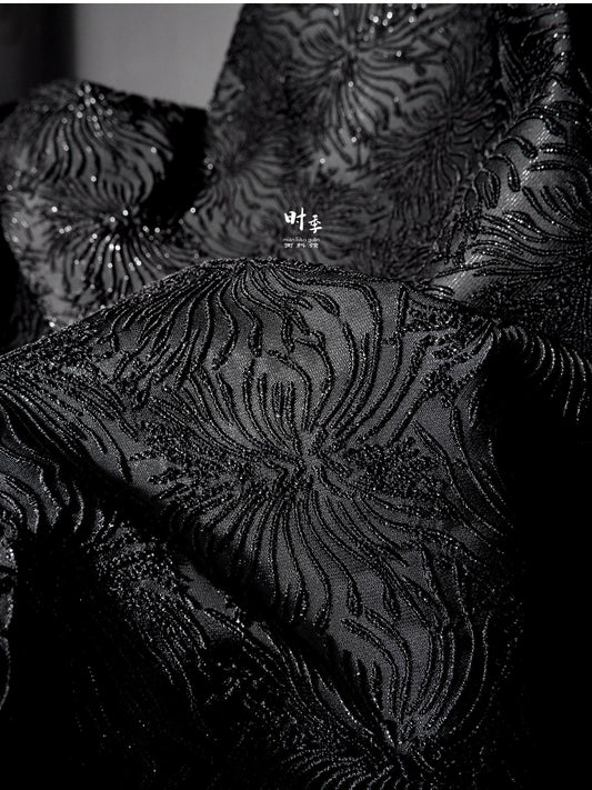 Black Spider Lily Jacquard Fabric | Embossed 3D Floral Brocade, 52" Wide
