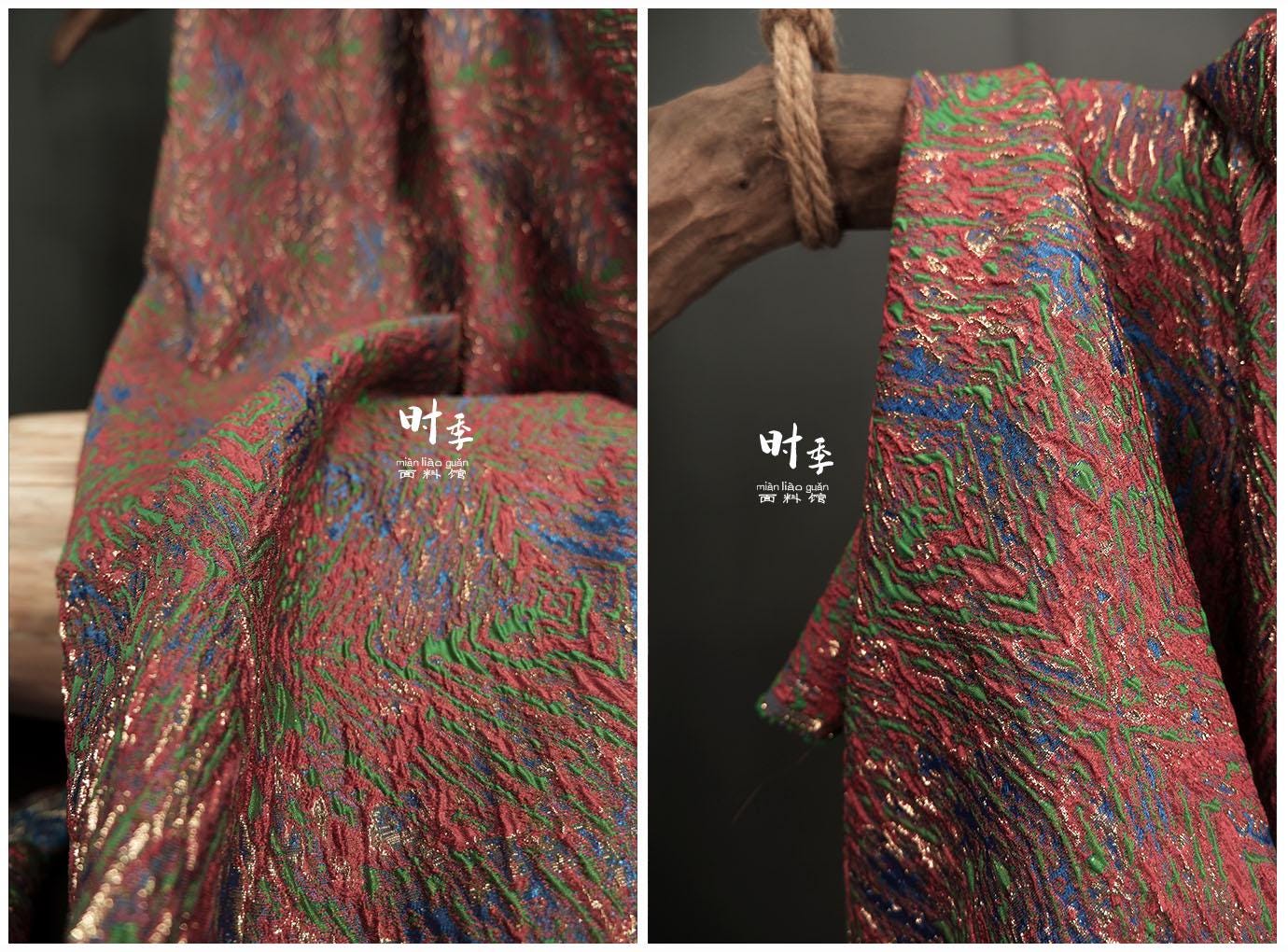 Gold Thread Jacquard Fabric: Red Blue 3D Designer Fabric (55"W By 1 Meter)