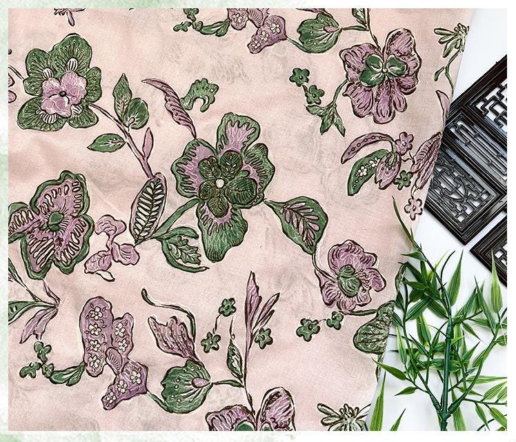 Pink Floral Jacquard Fabric ��� Embroidered Cott" Wide