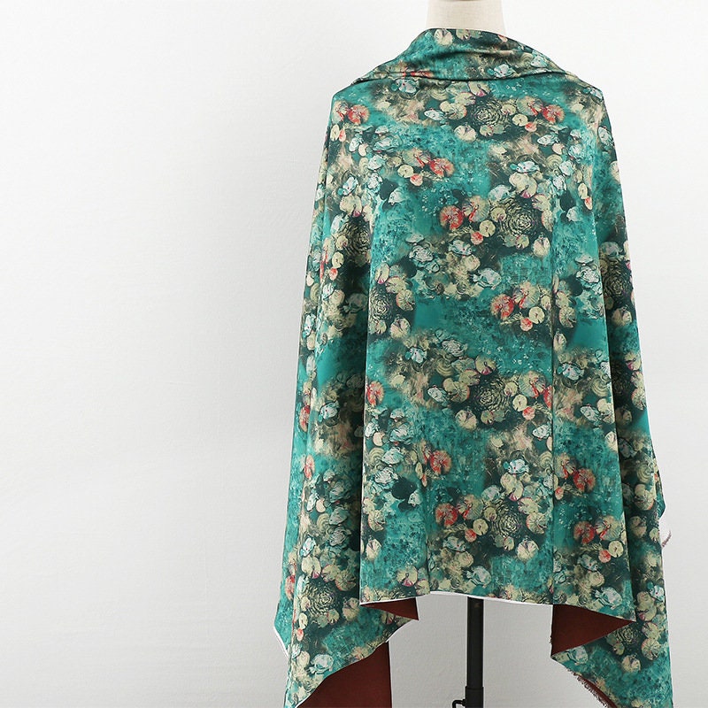 Blue Floral Silk Satin Fabric: 59"W Digital Print for Sewing & Decor