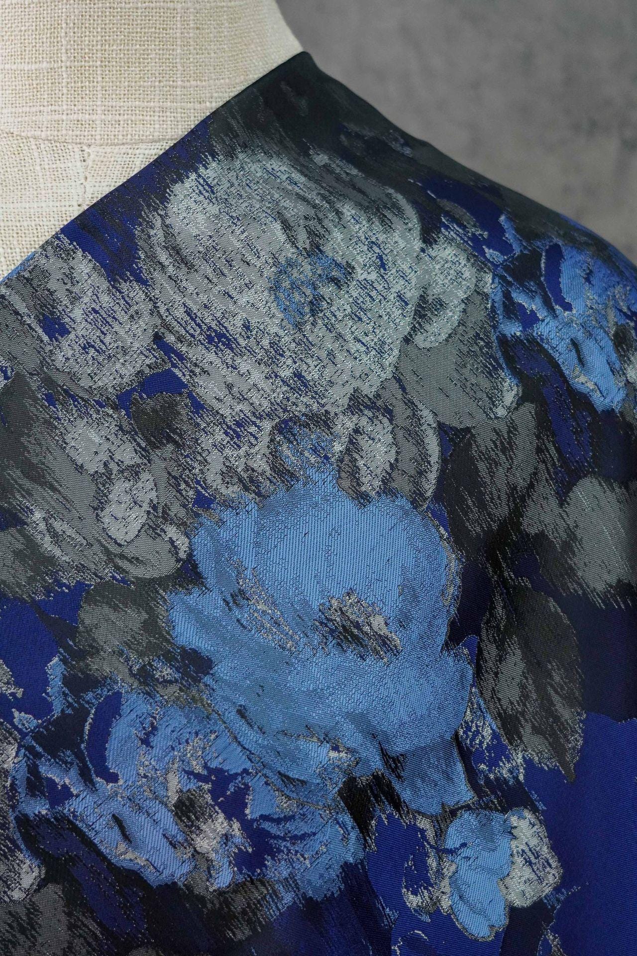 Blue Floral Brocade Fabric: Ink Painting Design, 60" Wide