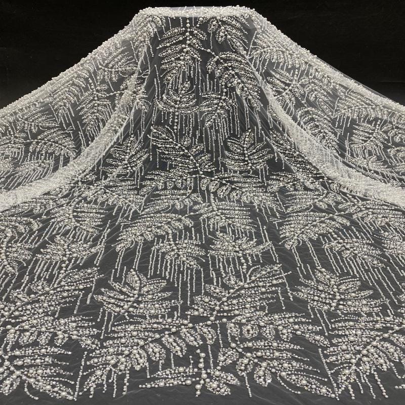 Luxury Beaded & Sequin Embroidered Fabric ��� 4/6/8mm Pearls, Bridal Material, Wedding Dress, Prom, Couture Sewing, High-End Fashi"W