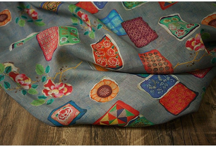 Vintage Style Ramie Fabric: Floral Art Print, 55" Wide - Poppylollipop