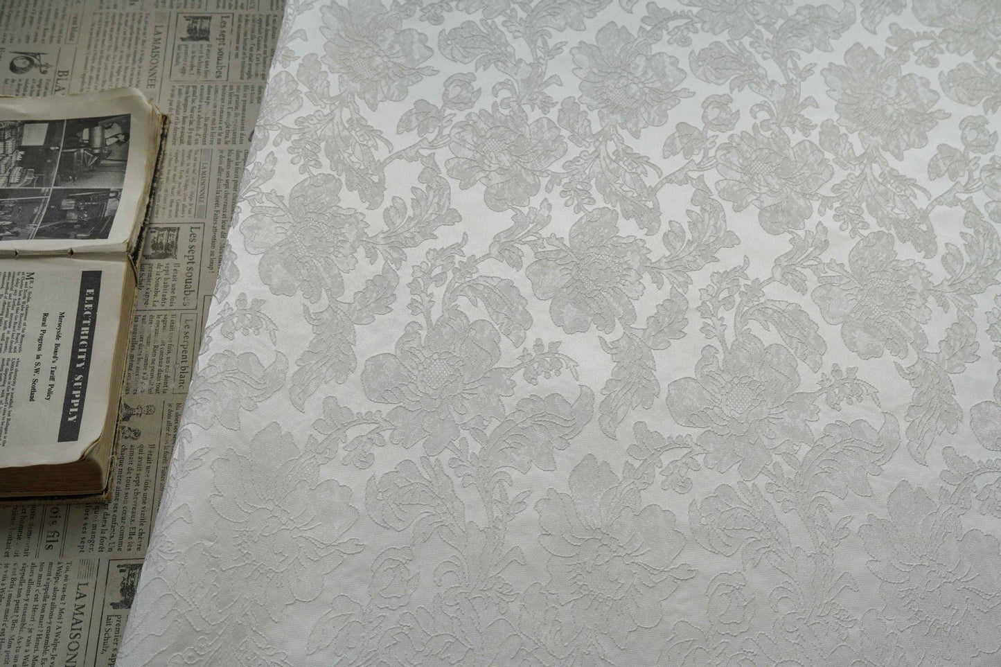 Pure white floral jacquard with subtle embossed patterns, Sewing, Upholstery, 61"Wide