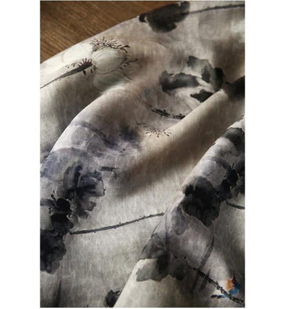 Floral Ramie Fabric: Gray Ancient Ink Painting, 57" Wide