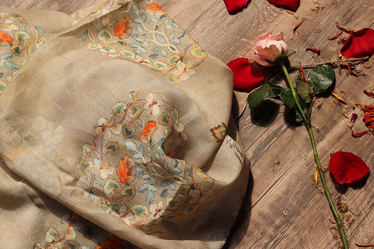 Floral Bird Ramie Fabric: 55" Wide, Soft Breathable Textile