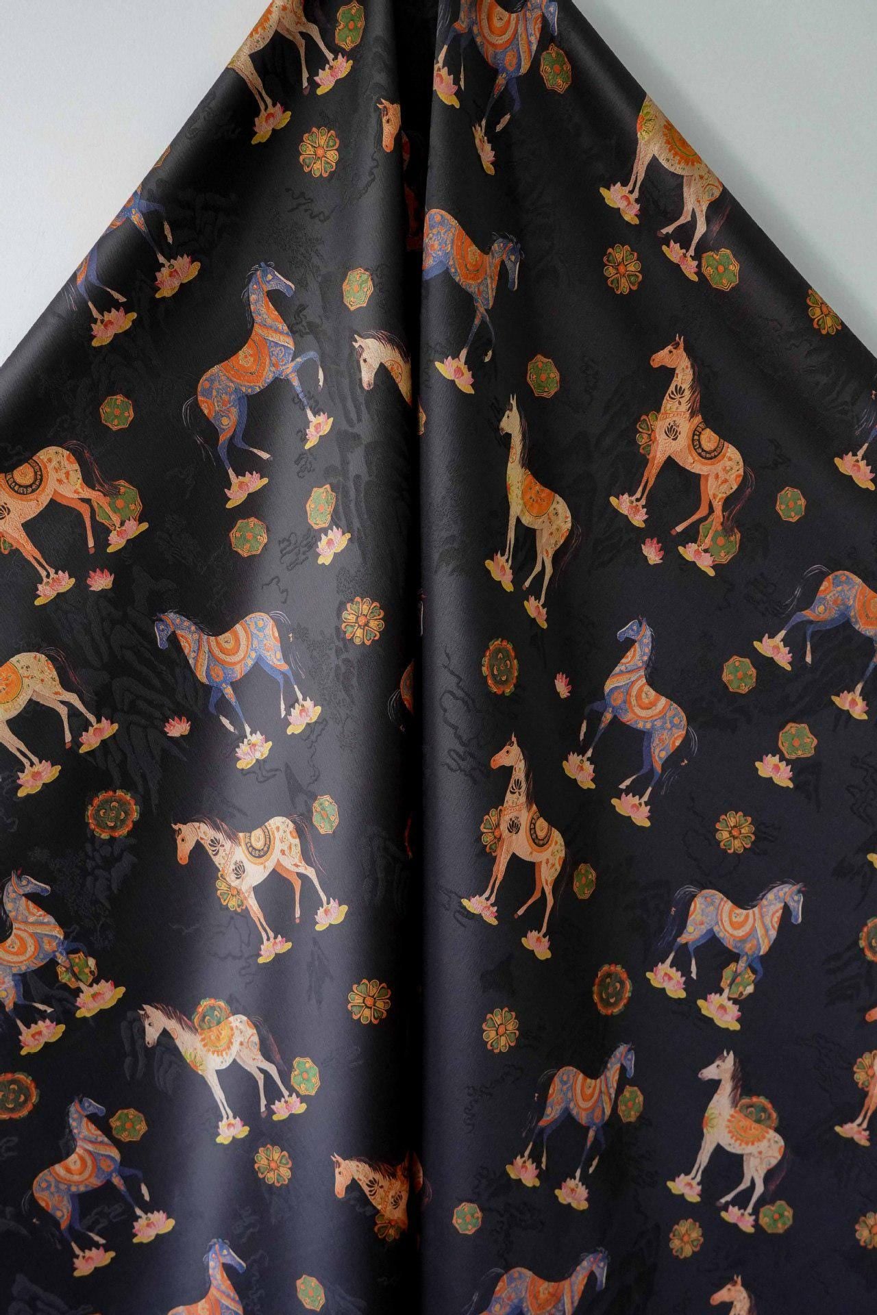 Horse Jacquard Tea Silk Fabric, Chinese Symbolic Textile, 59"W