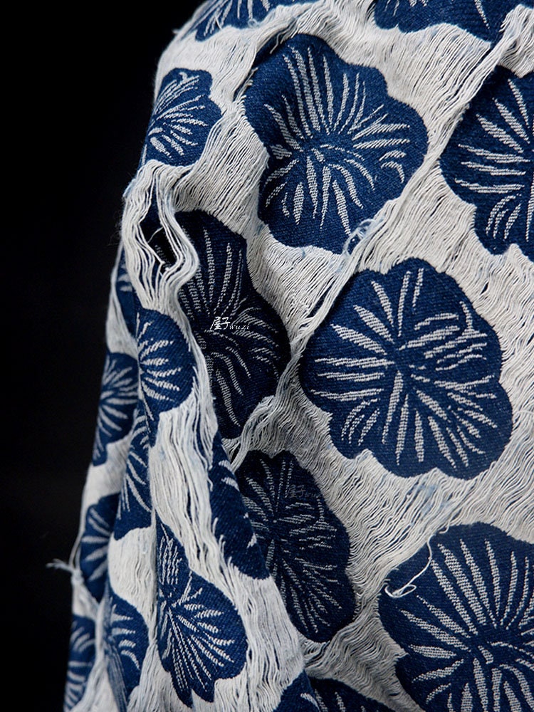 Floral Jacquard Denim Fabric: 3D Cotton Weave, 67" Wide