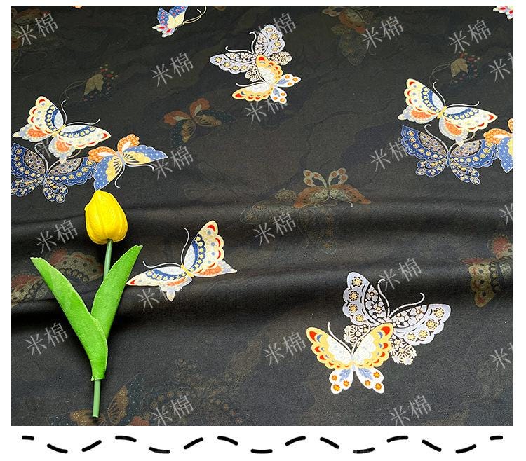 Butterfly Print Cotton Fabric: Black New Chinese Style (56" Wide)