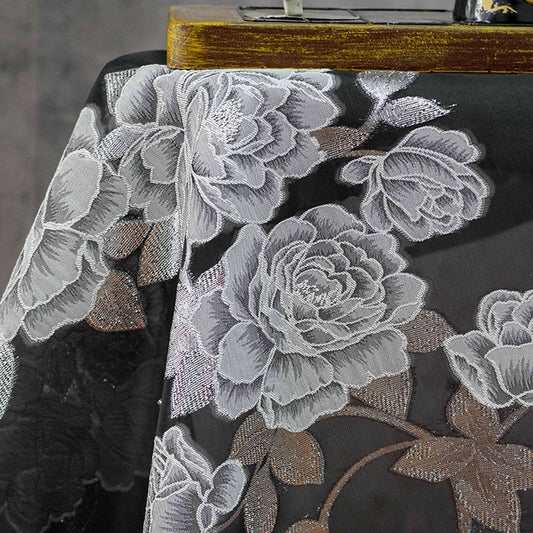 Black and white Peony Silver Thread Jacquard Semi-Sheer Fabric, 55"Wide