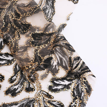 Foil Leaf Sequin Embroidery Fabric: Black & Gold Floral, 50"W