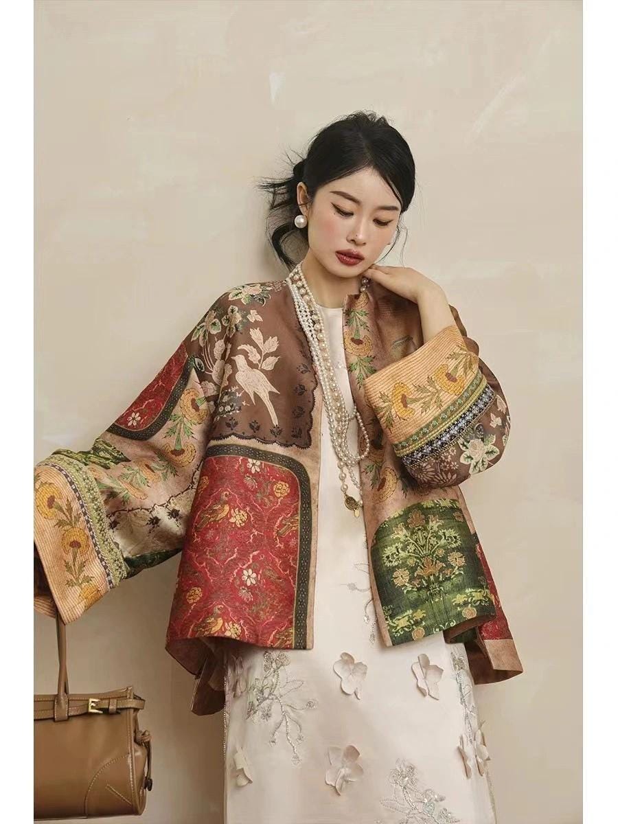 Ancient Dunhuang Tea Silk Satin Fabric: Digital Print, 59"W