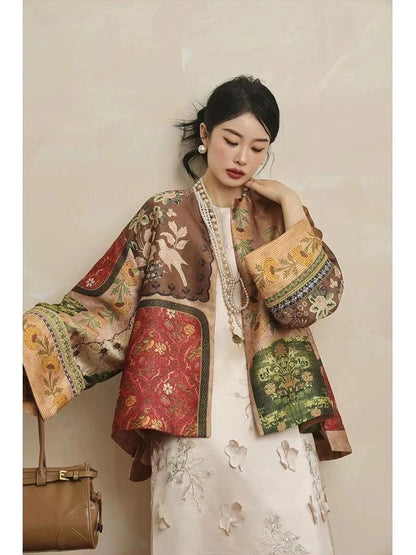 Ancient Dunhuang Tea Silk Satin Fabric: Digital Print, 59"W