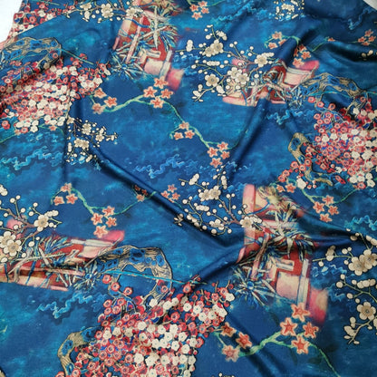 Tissu satin de soie turquoise : imprimé fleurs de prunier, 147 cm de large