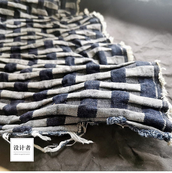 Tissu denim jacquard : coton à motif losanges 3D, pour l’ameublement et la couture (170 cm)