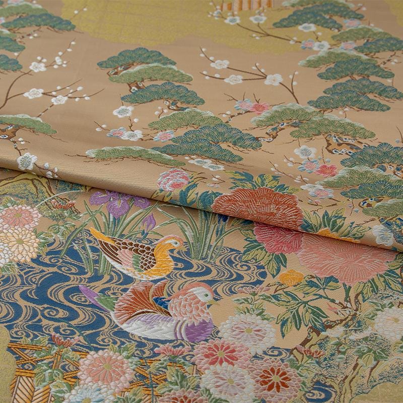 Nishijin Weave Fabric: Japanese Mandarin Duck & Floral Pattern (By The Meter)
