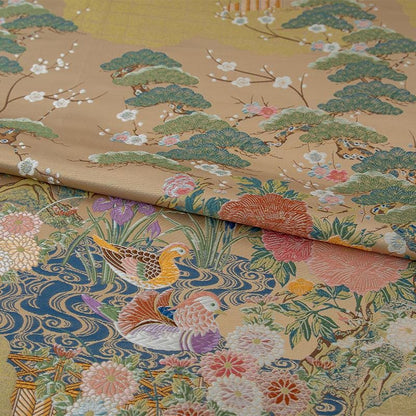 Nishijin Weave Fabric: Japanese Mandarin Duck & Floral Pattern (By The Meter)