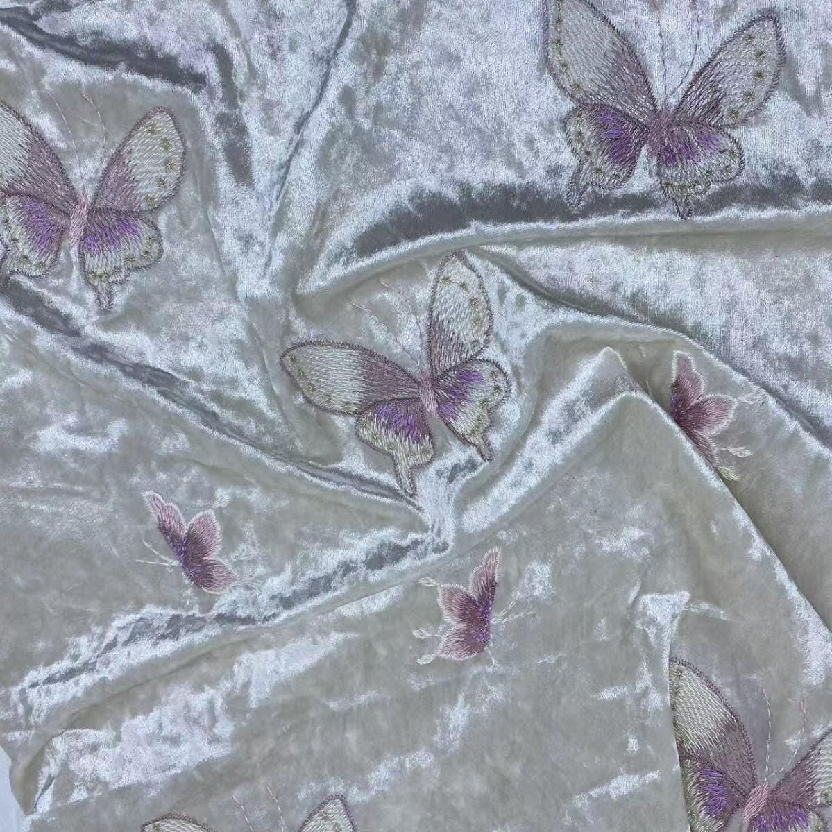 Embroidered Velvet Fabric: 43" Beaded Pillar Design, Designer Sewing Material