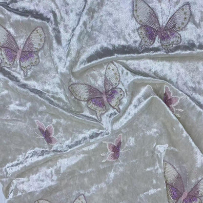 Embroidered Velvet Fabric: 43" Beaded Pillar Design, Designer Sewing Material