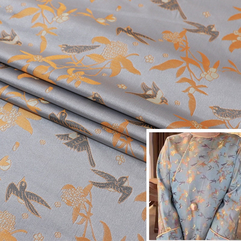 Song Brocade Fabric: 59"W Silk Rayon Damask with Bird Design