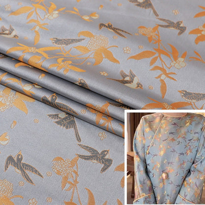 Song Brocade Fabric: 59"W Silk Rayon Damask with Bird Design