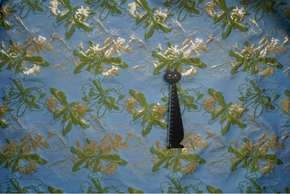Blue Dandelion Jacquard Fabric: Gold Shimmering Embossed Woven, 57"W - By The Meter