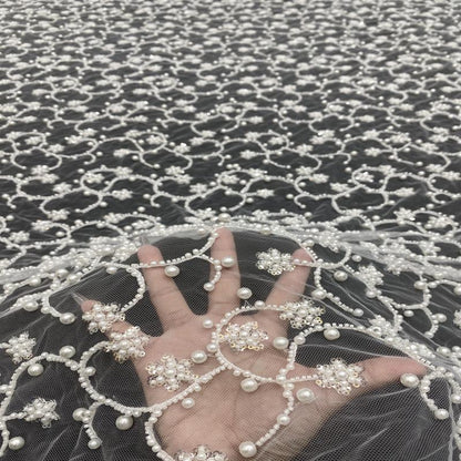 High-End Beaded & Sequin Fabric ��� 4/6/8mm Pearl Embroidery, Wedding Dress, Bridal Gown Material, Prom Dress, Luxury Fashion Fabr"Wide