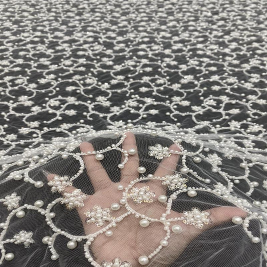 Tissu haut de gamme orné de perles et de sequins ✓ Broderie de perles 4/6/8 mm, robe de mariée, tissu pour robe de bal, tissu de mode de luxe.