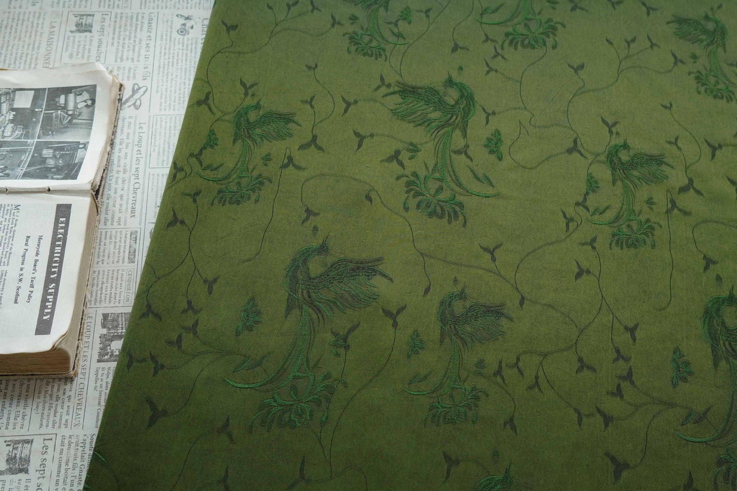 Dark Green Jacquard Fabric with Subtle Phoenix Pattern for Qipao Dressmaking, 54"Wide