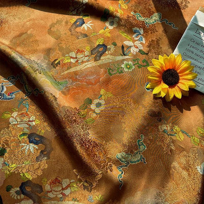 Gold Brown Crane Pattern Xiangyunsha Fabric, Luxury Rayon Silk Damask, Traditional Jacquard Fabric for Sewing, Cheongsam, DIY Fashion, 59"W