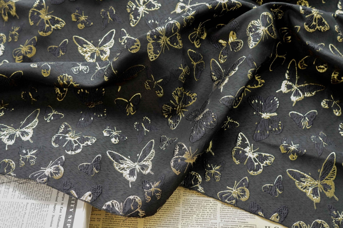 Gold Thread Butterfly Jacquard Fabric: 59" Wide, Upholstery & Drapery By Meter