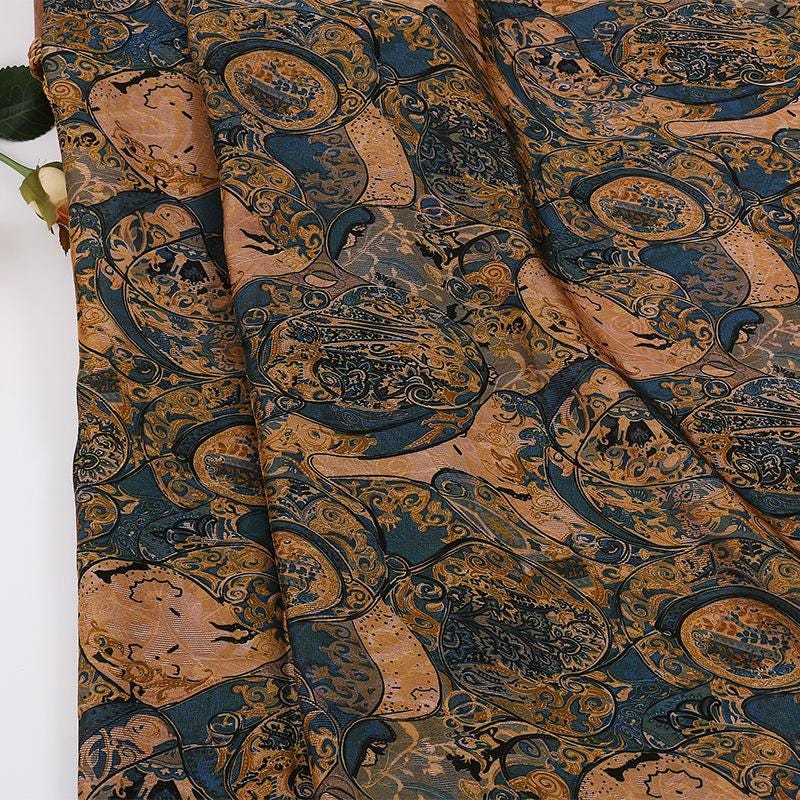 Traditional Fortune Symbol Brocade Fabric with Geometric Motifs by the Yard, 59" Wide