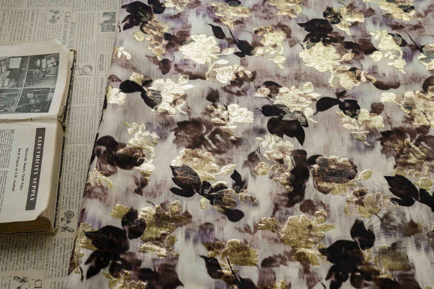 Gold Thread Jacquard Woven Cotton Fabric: 3D Embossed Texture, 53" Wide
