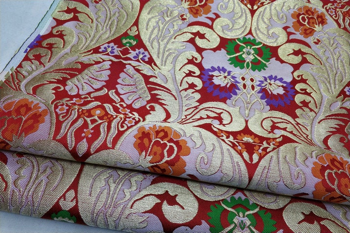 Chrysanthemum Brocade Fabric: Chinese Folk Tapestry Silk Rayon Blend, 29" Wide