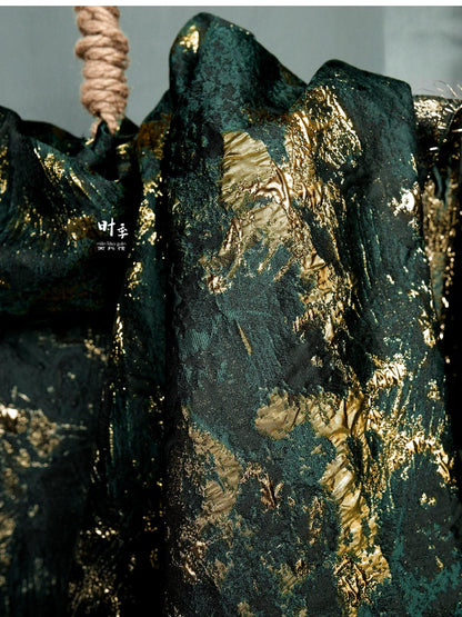 Green & Gold Textured Jacquard Fabric | 3D Embossed Brocade, 55" Wide