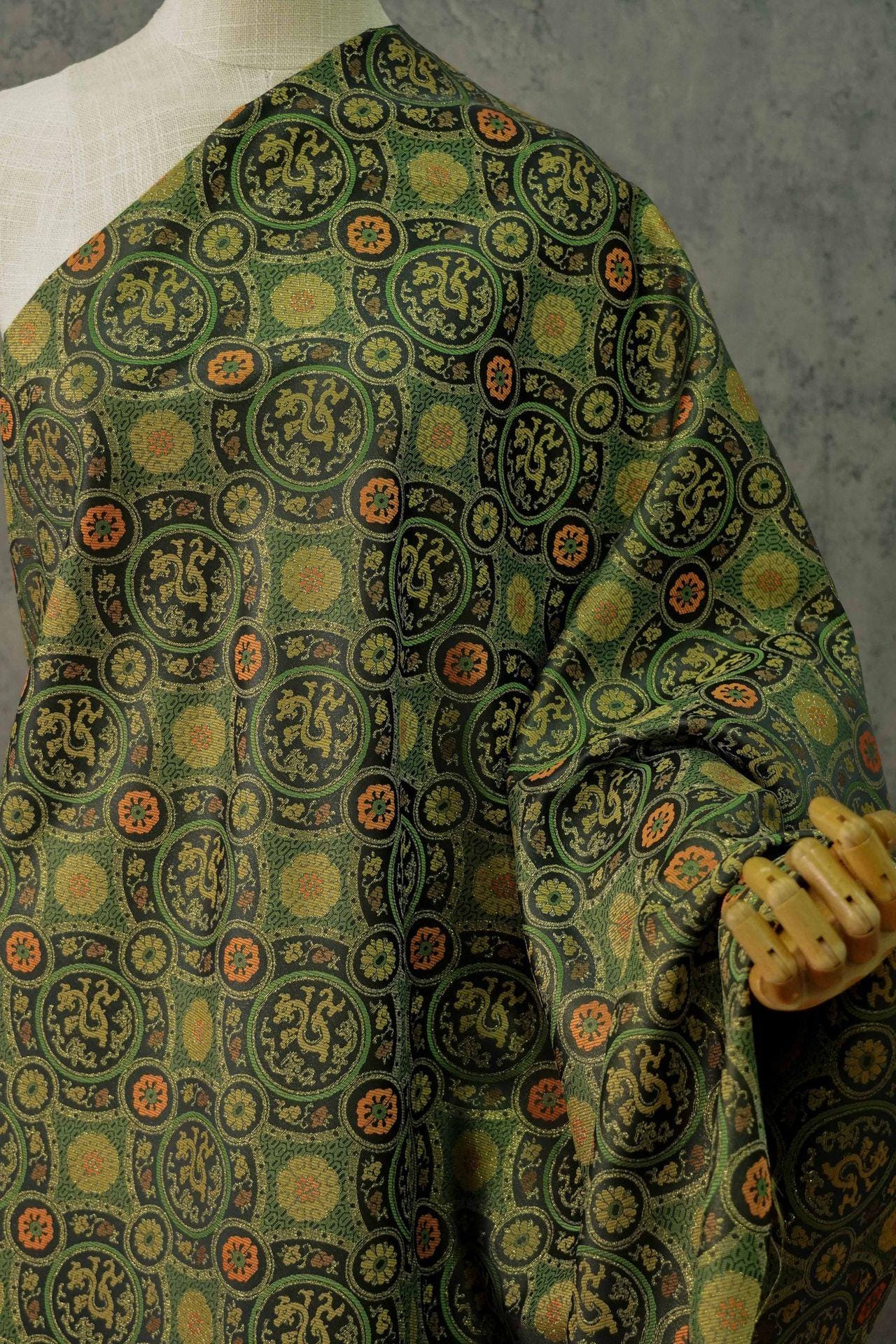 Dragon Brocade Fabric: Dark Green Cheongsam Tapestry (59"W)