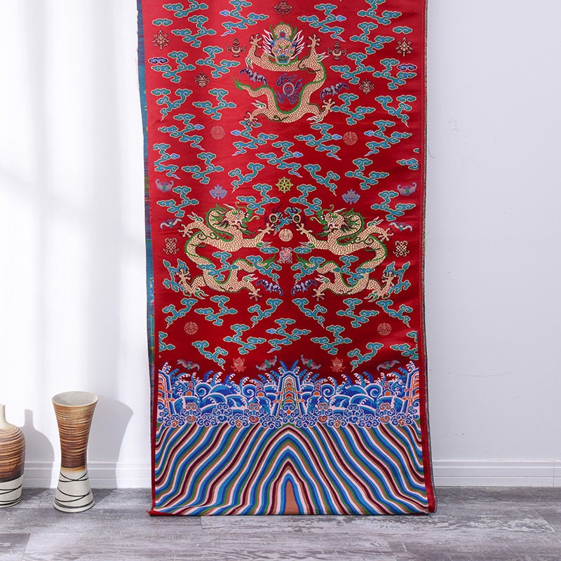 Double Dragon Silk Brocade Fabric: Chinese Cheongsam Wedding Pattern