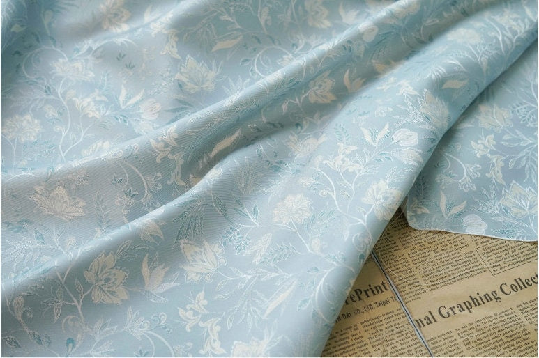 Azure Floral Jacquard Fabric: Reversible Light Blue Woven Upholstery, 64" Wide