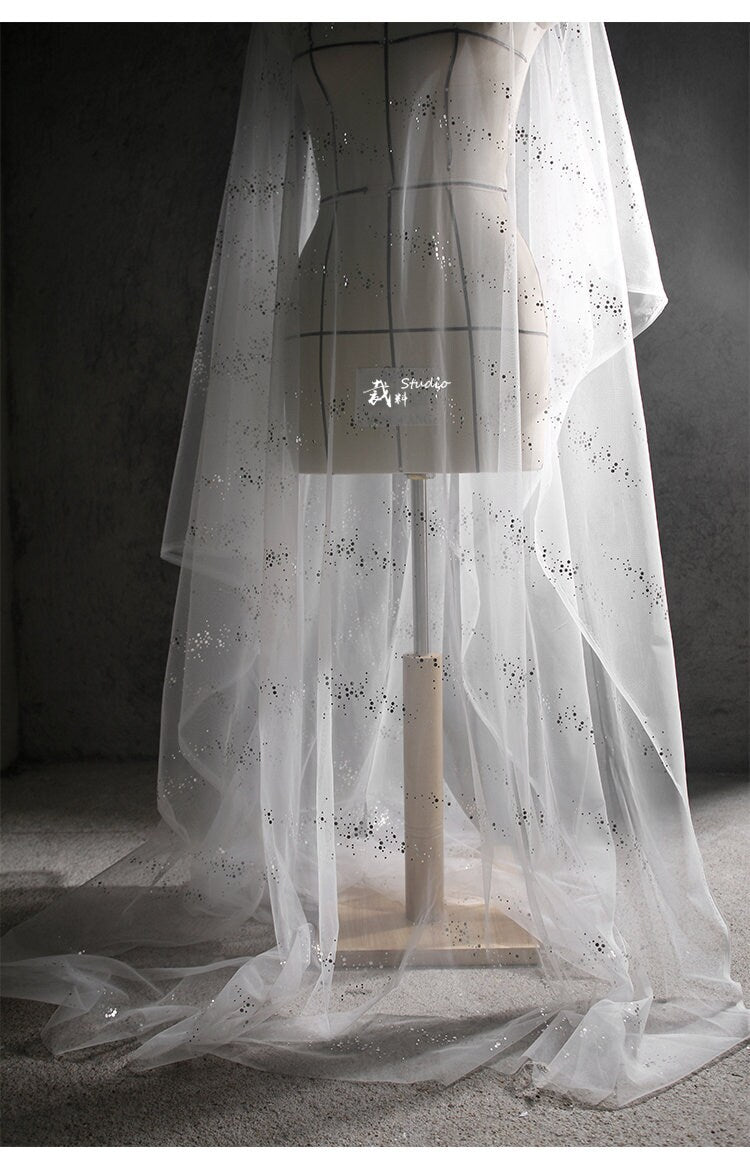 Glitter Organza Fabric, Mermaid Tears Design, Wedding Gown Mesh, Black & White